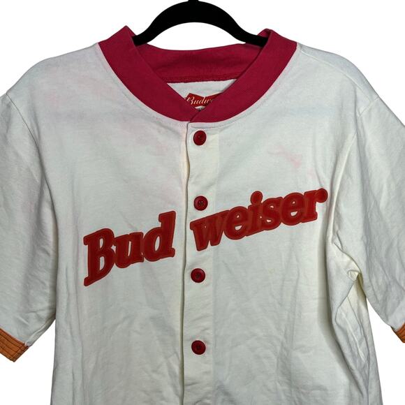Budweiser White Red Button Up Baseball Short Sleeve Top Cotton USA Men Large L - Picture 2 of 14